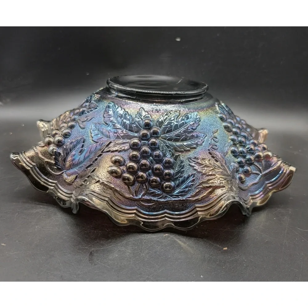 Imperial Amethyst Carnival Glass Grape and Cable Ruffled Bowl Iridescent Purple